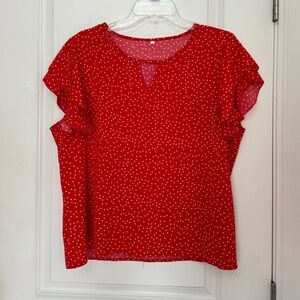 Womens XL Red and white polka dot blouse with ruffle sleeves